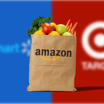 Amazon Target Walmart logos and grocery bag filled with fresh produce