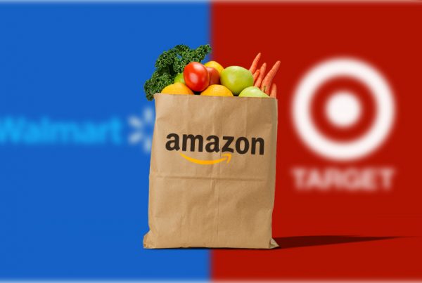 Amazon Target Walmart logos and grocery bag filled with fresh produce