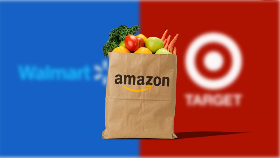 Amazon Target Walmart logos and grocery bag filled with fresh produce