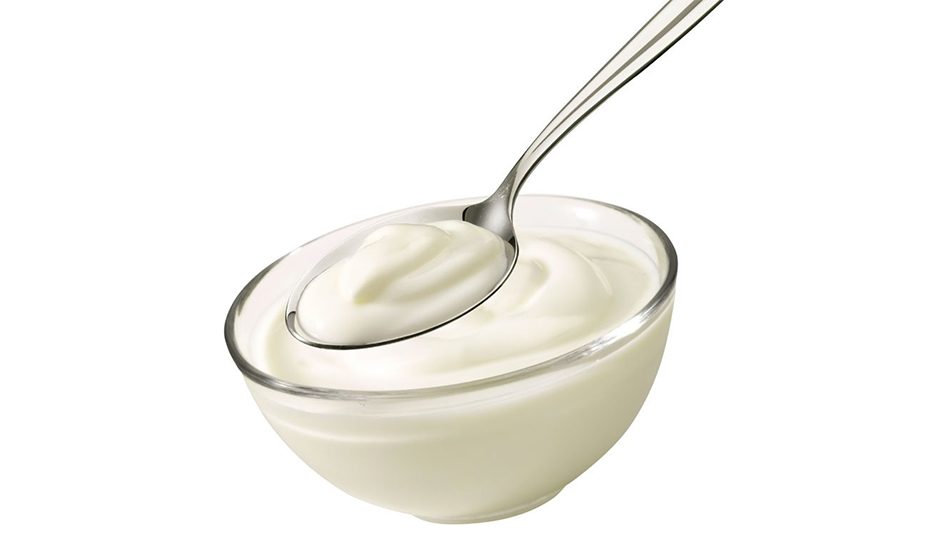 Spoonful of plain yogurt from glass bowl on white background