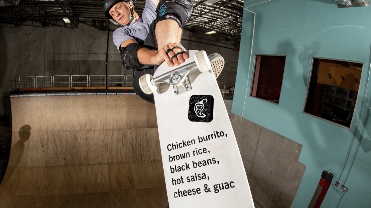 Tony Hawk on White Chipotle Skateboard