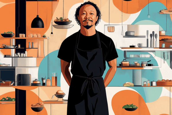 A man in an apron stands in a kitchen, representing a food marketing agency focused on branded produce.