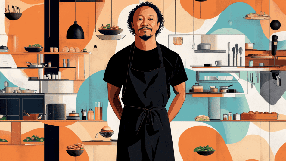 A man in an apron stands in a kitchen, representing a food marketing agency focused on branded produce.