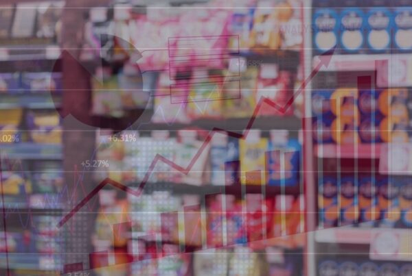 Statistics data processing and globe over food in supermarket.