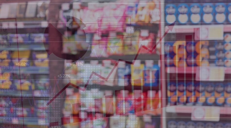 Statistics data processing and globe over food in supermarket.