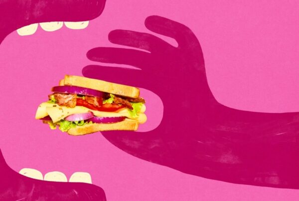 A stylized cartoon hand putting a burger into a stylized cartoon mouth