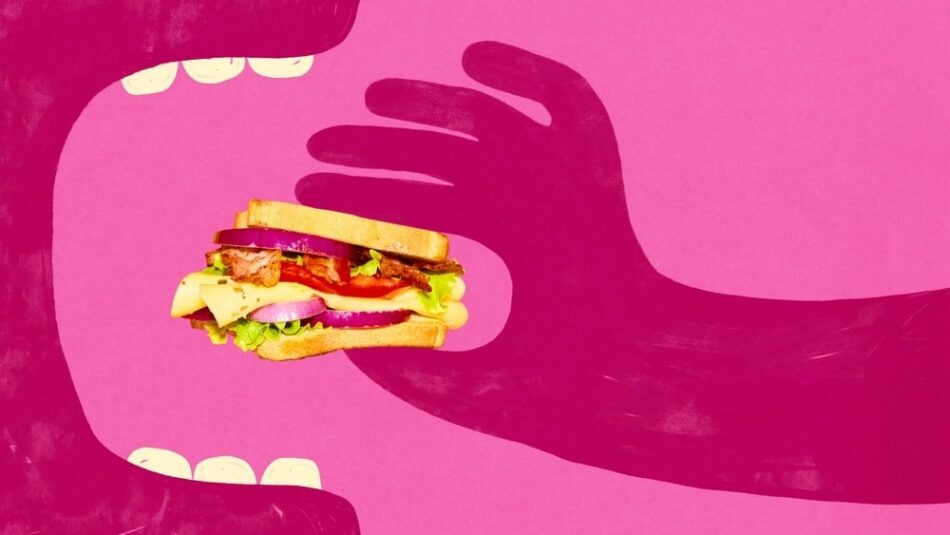 A stylized cartoon hand putting a burger into a stylized cartoon mouth